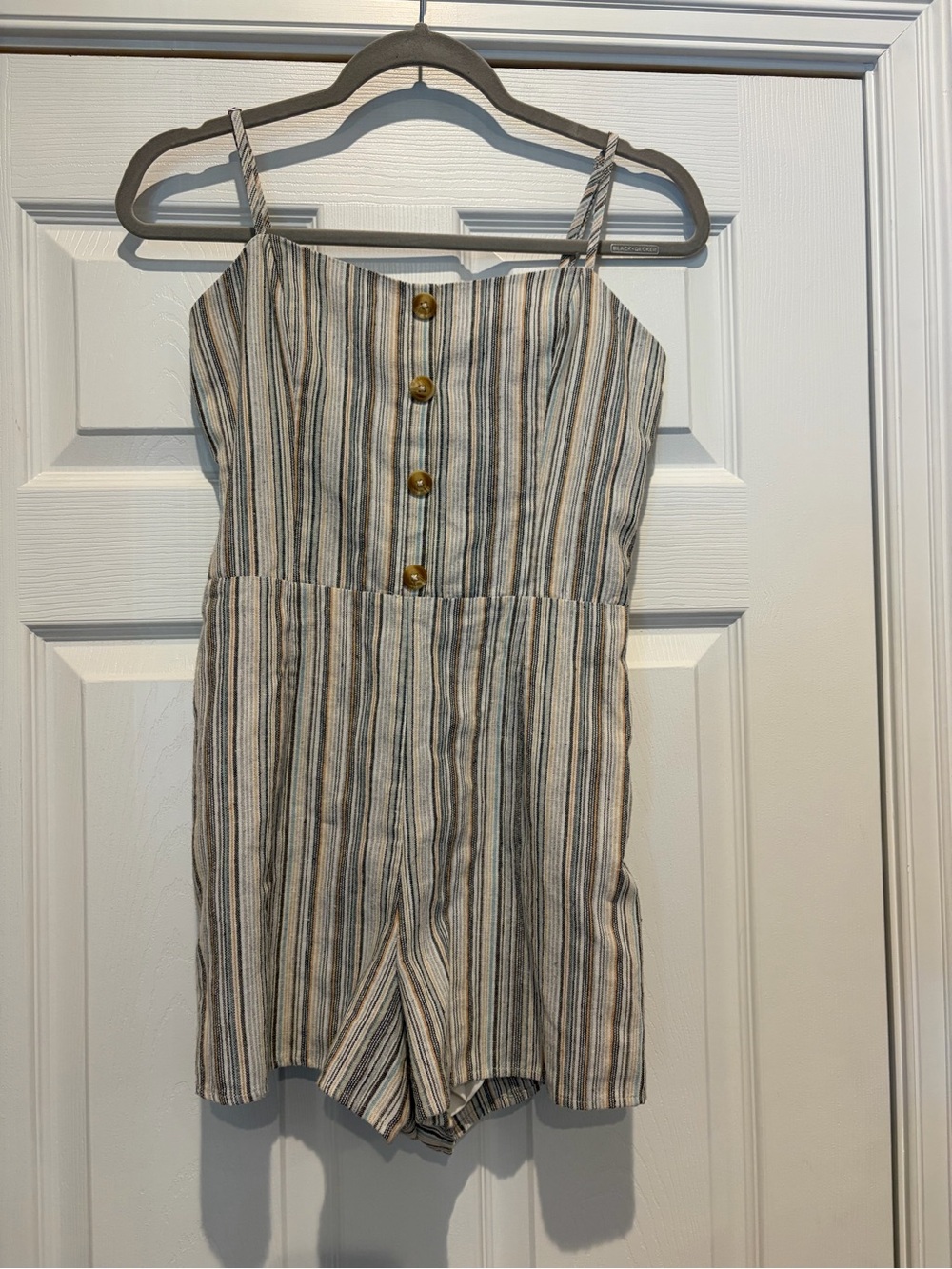 Altar'd State Striped Linen-Blend One-Piece Romper in Beige and Gray